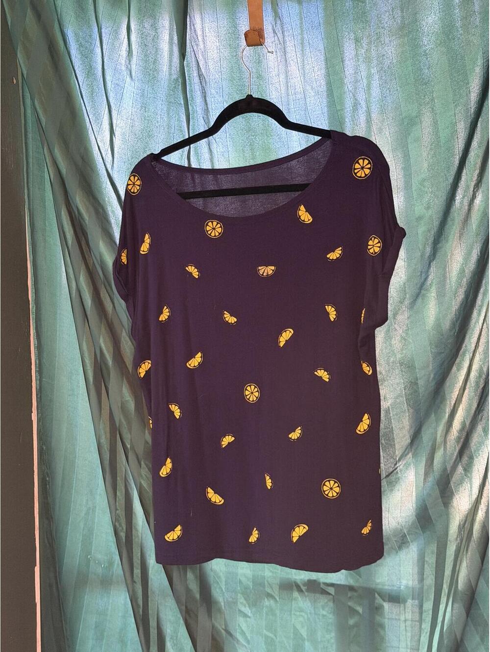 Navy Short Sleeve Shirt with Yellow Citrus Print